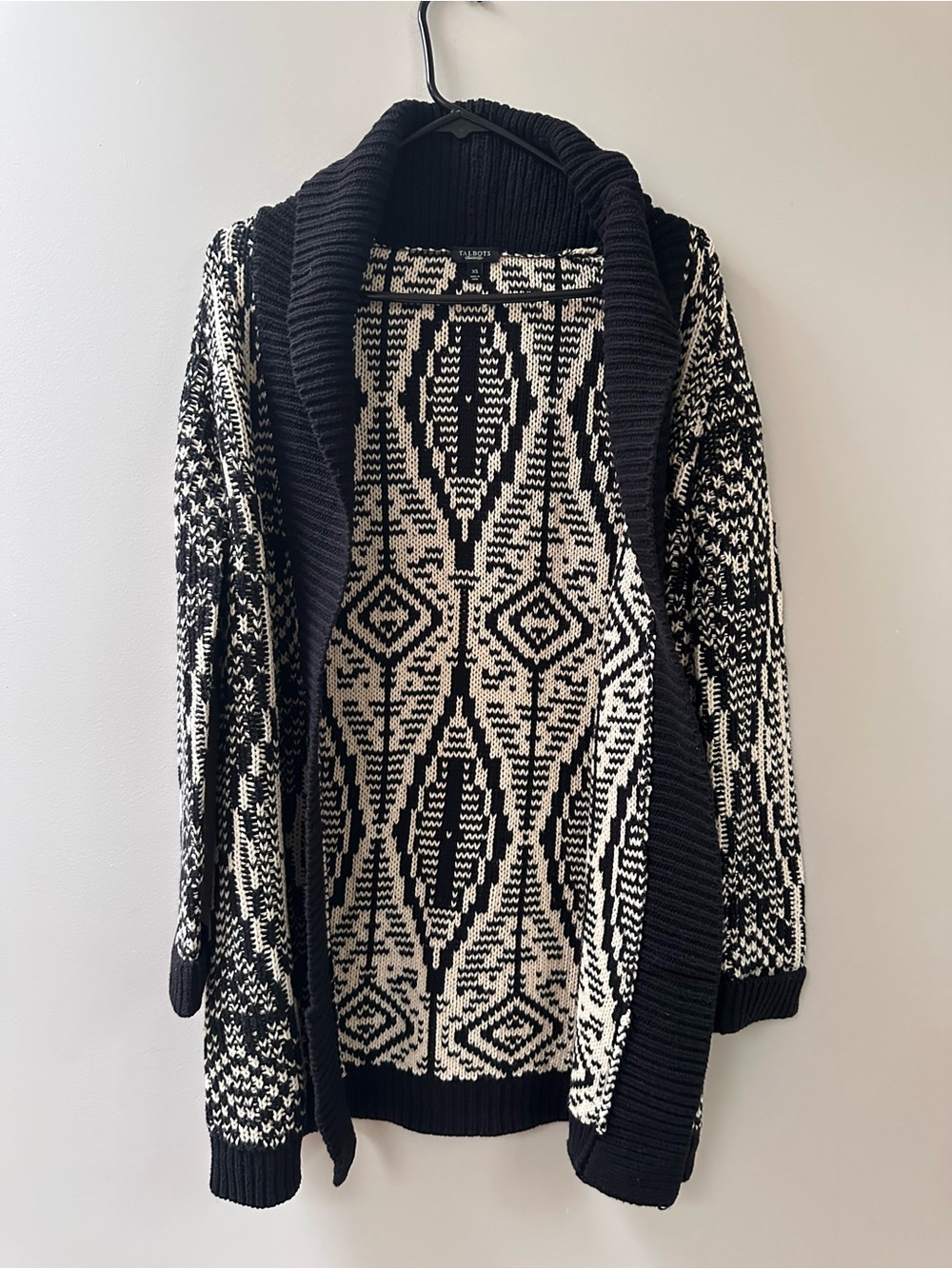 Talbots Black & Cream Geometric Shawl-Collar Cardigan